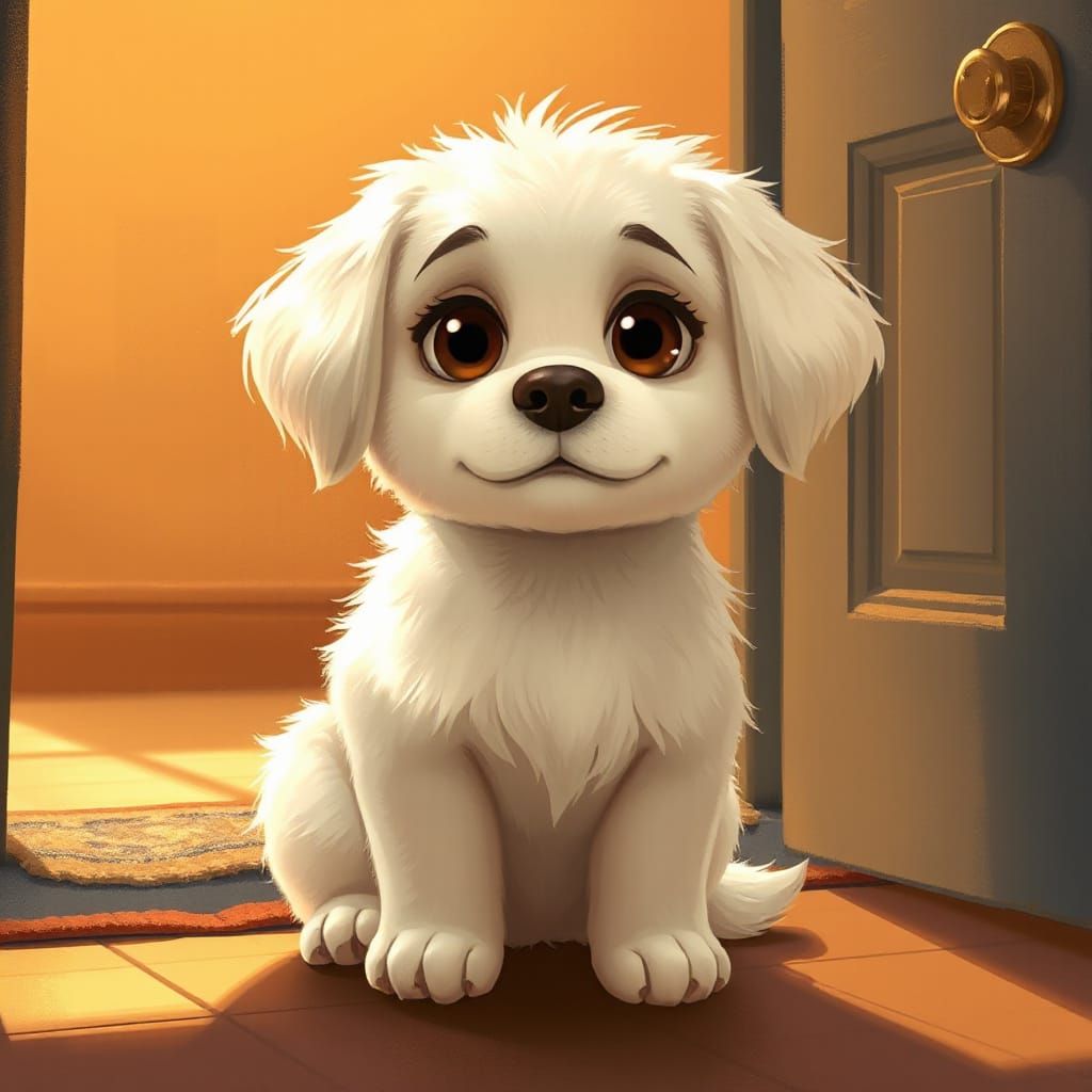 Fluffy Dog Sits Faithfully by Door in Digital Painting Style