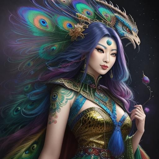 Ethereal Asian Woman with Dragon Scales and Peacock Hair