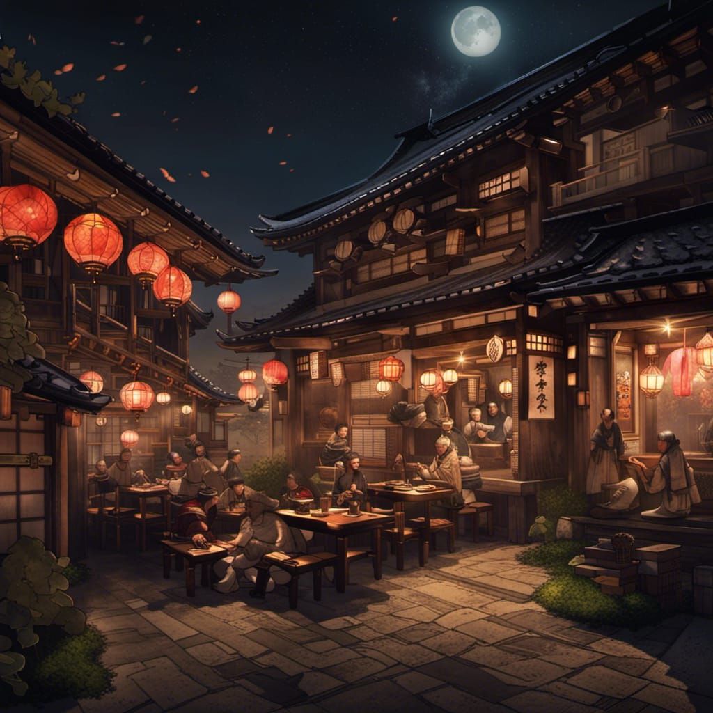 Elaborate Medieval Japanese Samurai Cafe at Night