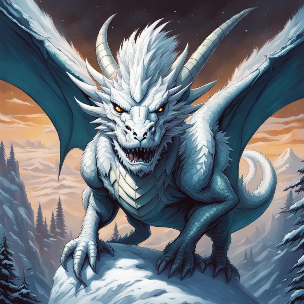 White Furry Dragon in Comic Book Art Style