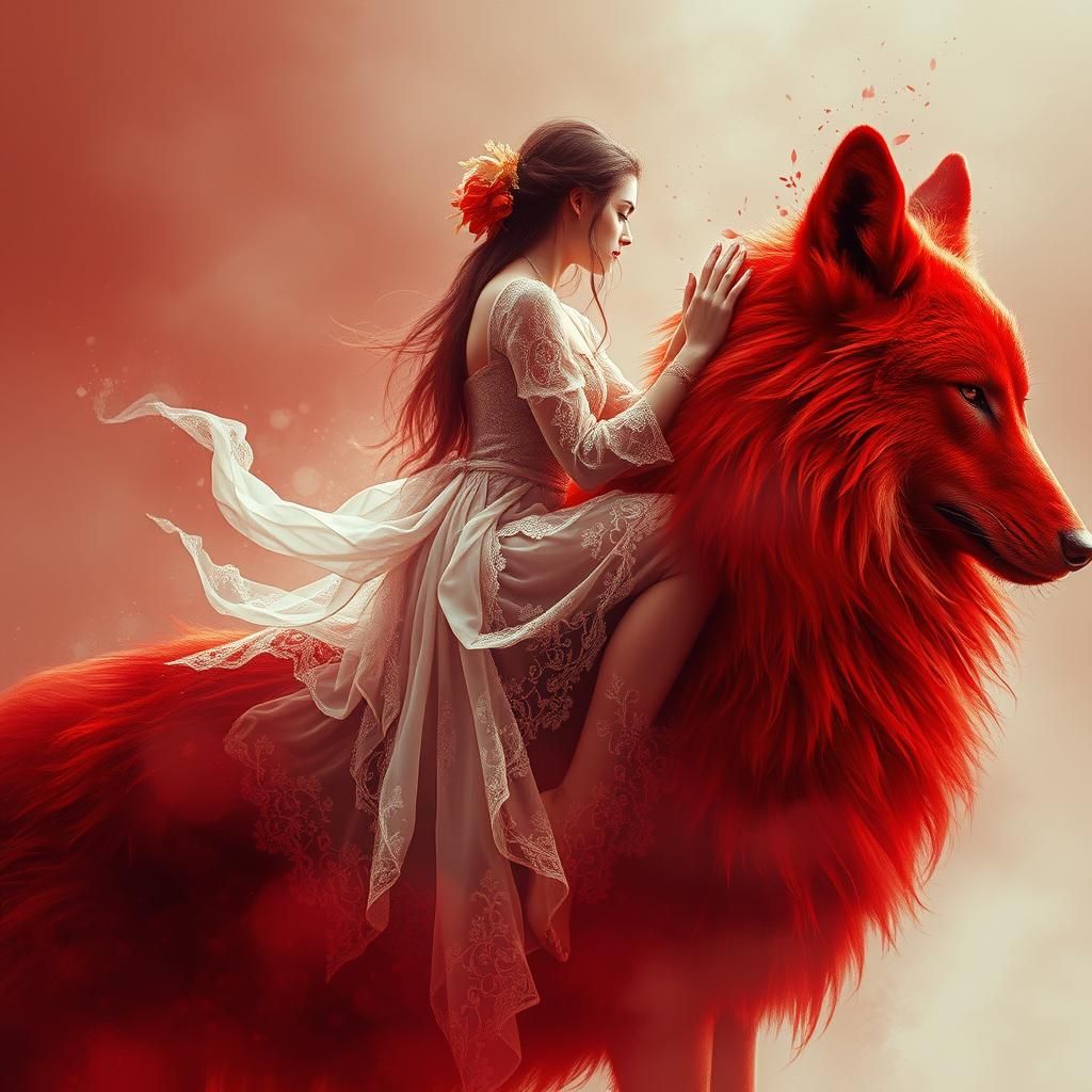 Woman on Red Wolf in Ethereal Digital Watercolor