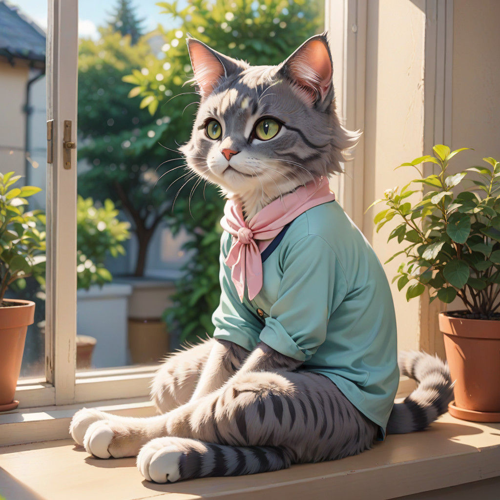 Whimsical Moe Anime Catgirl in Vibrant Pastel Colors