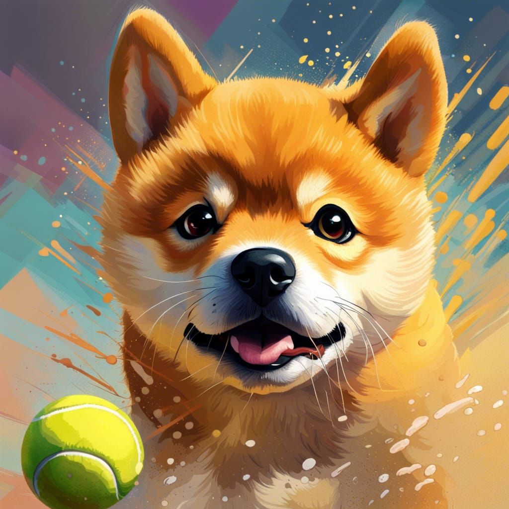 Adorable Shiba Inu Puppy Chasing Tennis Ball