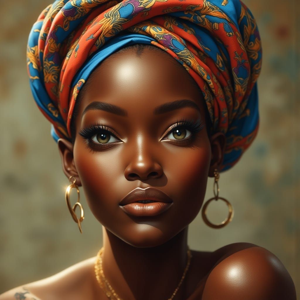 Stunning African Woman with Headscarf in Photorealistic Styl...