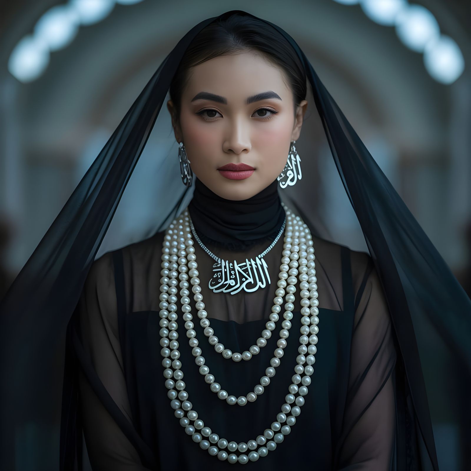 Ethereal Portrait of Woman in Niqab with Pearl Chain