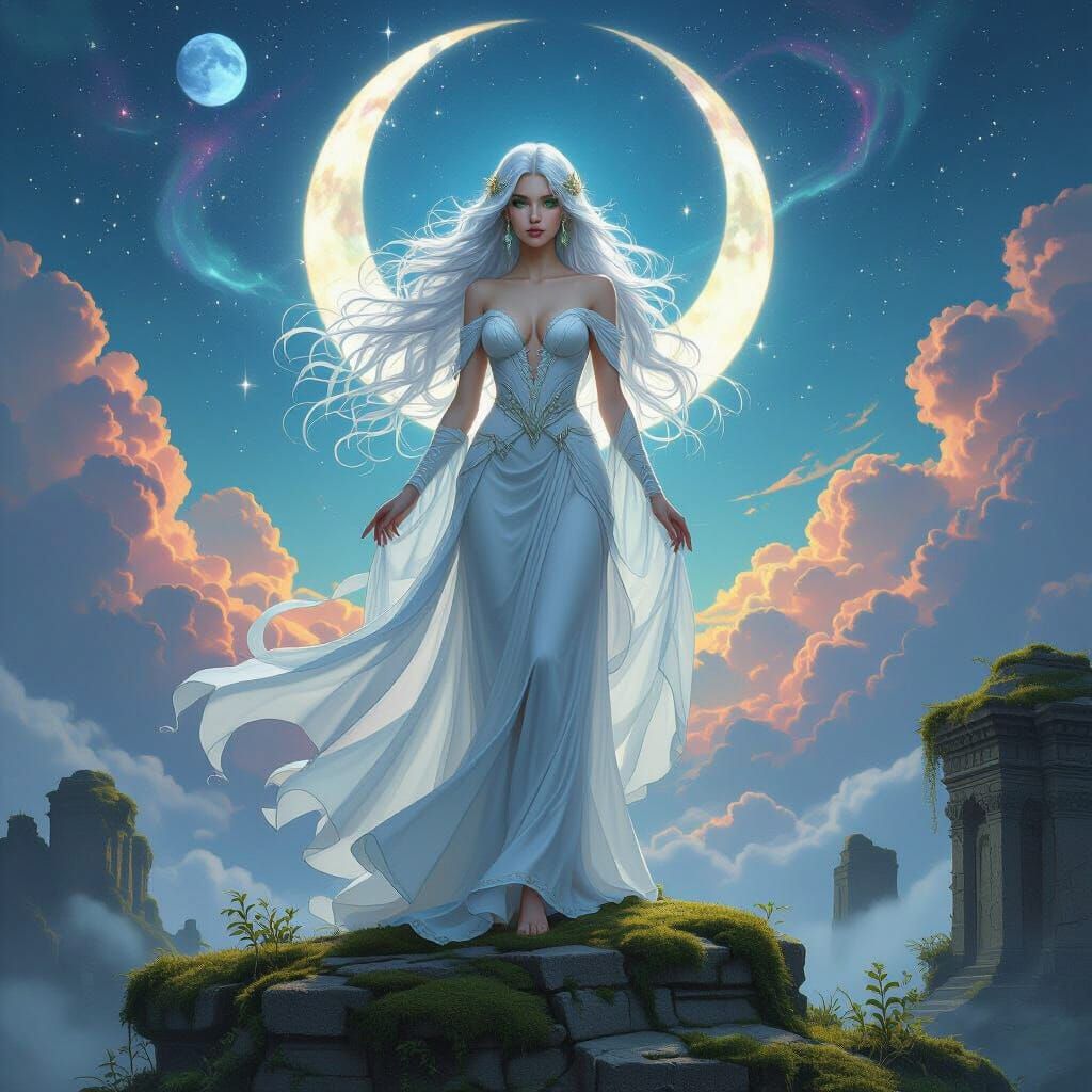 Ethereal Fantasy Woman Under Twin Moons