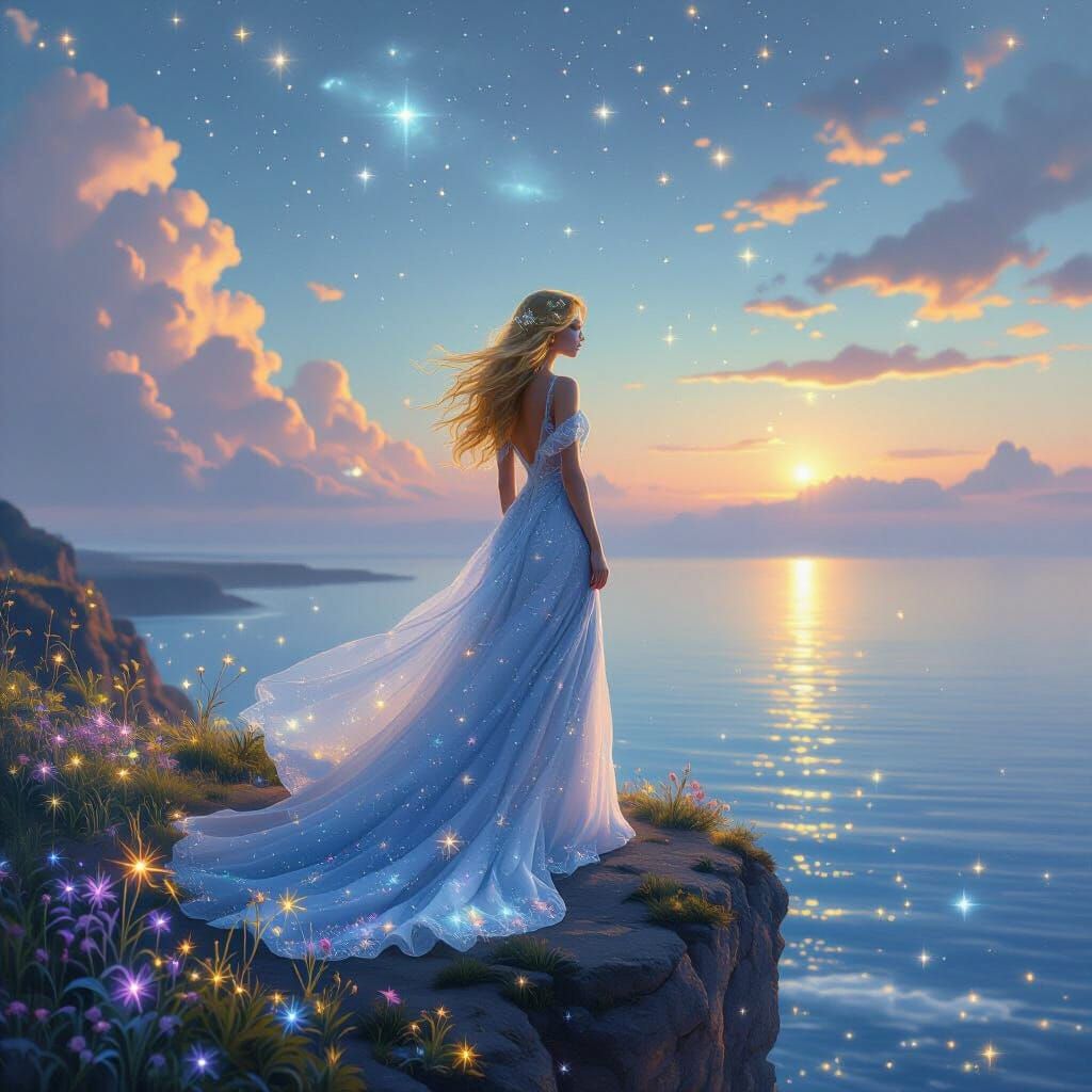 Celestial Woman Overlooking Starry Sea in Dreamlike Realm