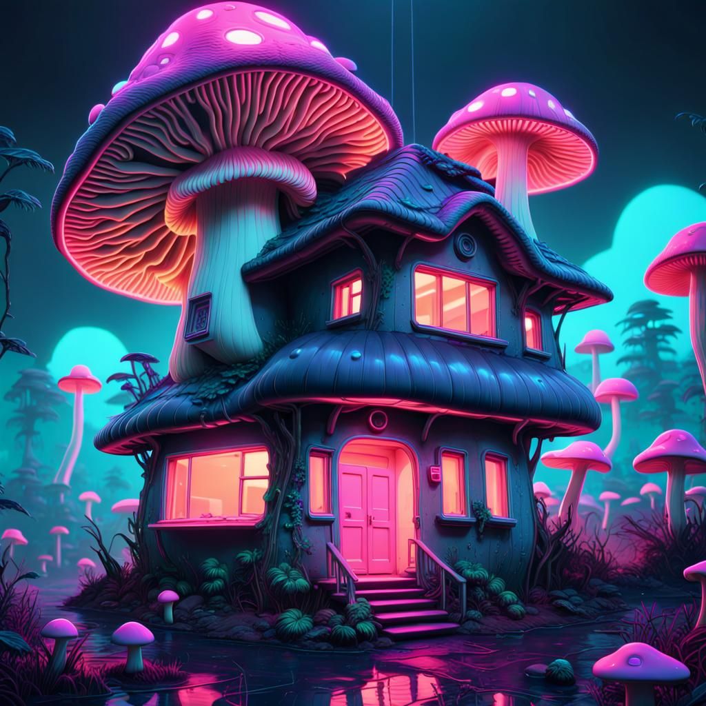 Vaporwave Mushroom House with Neon Colors
