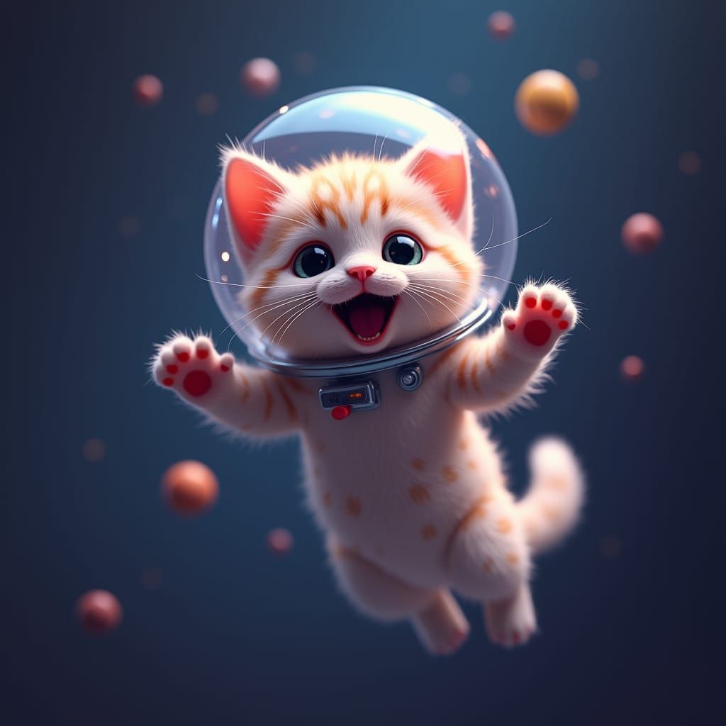 Adorable Kitten Floating in Space: Detailed Matte Painting