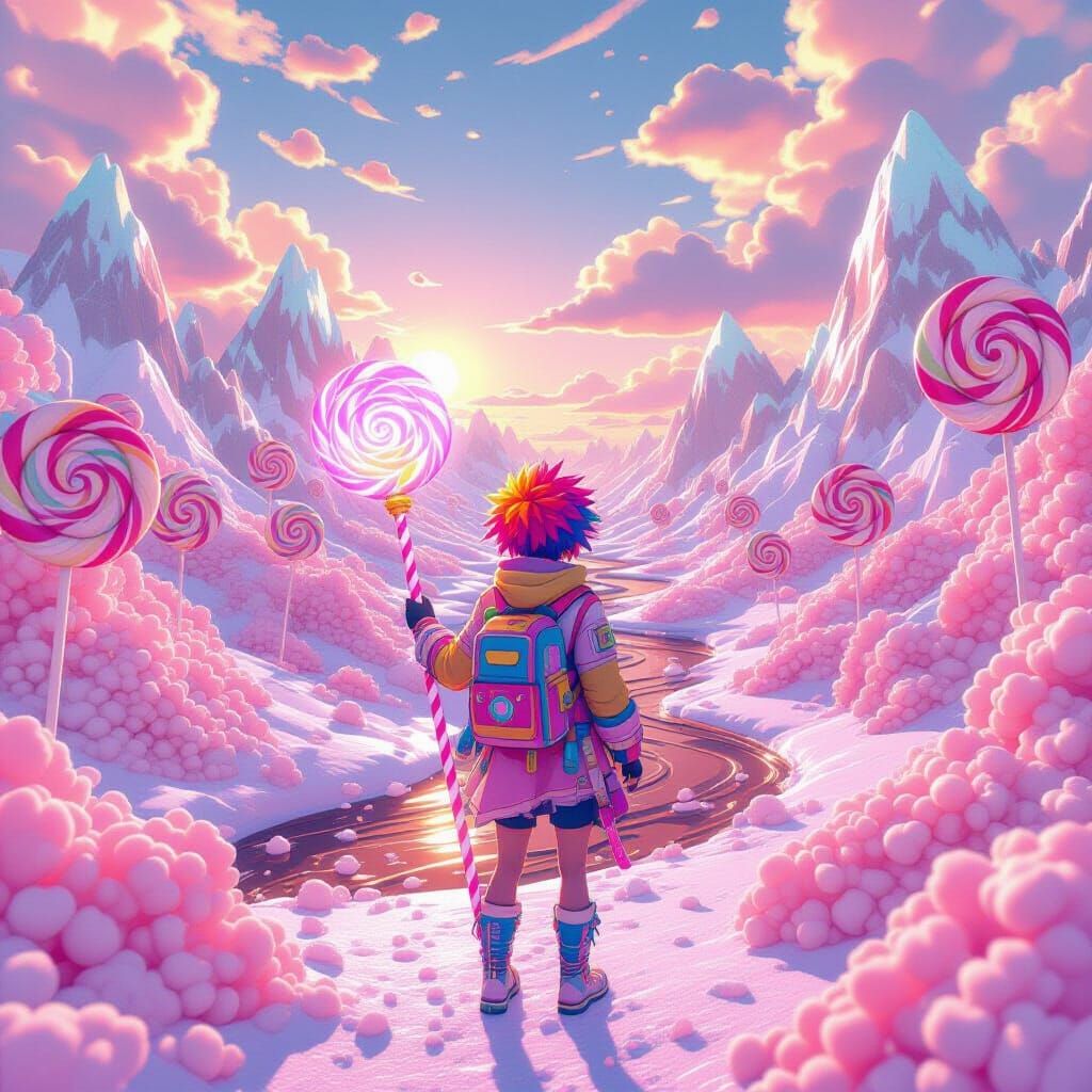 Anime Traveler in Hyper-Realistic Candy World