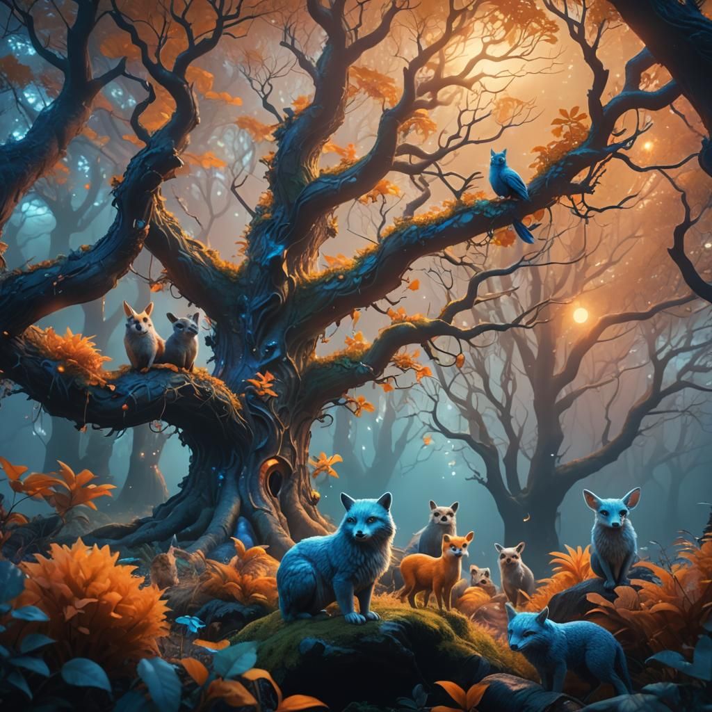 Mythological Creatures Gather Around an Iridescent Tree