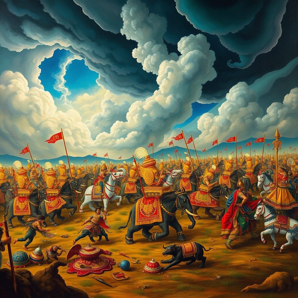 Epic Mahabharata Battle Scene in Neo-Mughal Style
