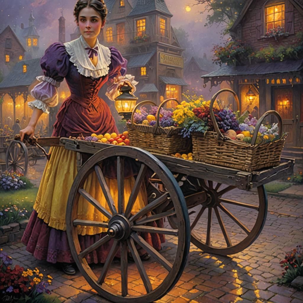 Victorian Woman Selling Wares: Ethereal Fantasy Painting