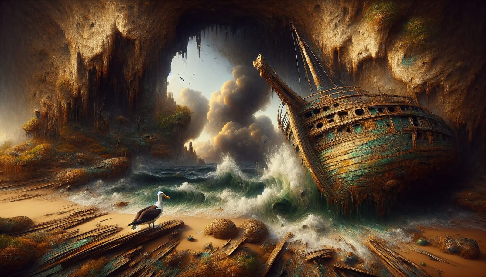 Ancient Shipwreck in Oasis Cave Digital Painting