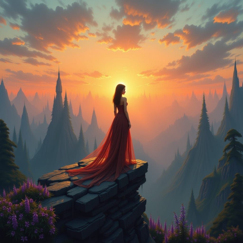 Woman on Cliff at Sunset: Sci-Fi Art