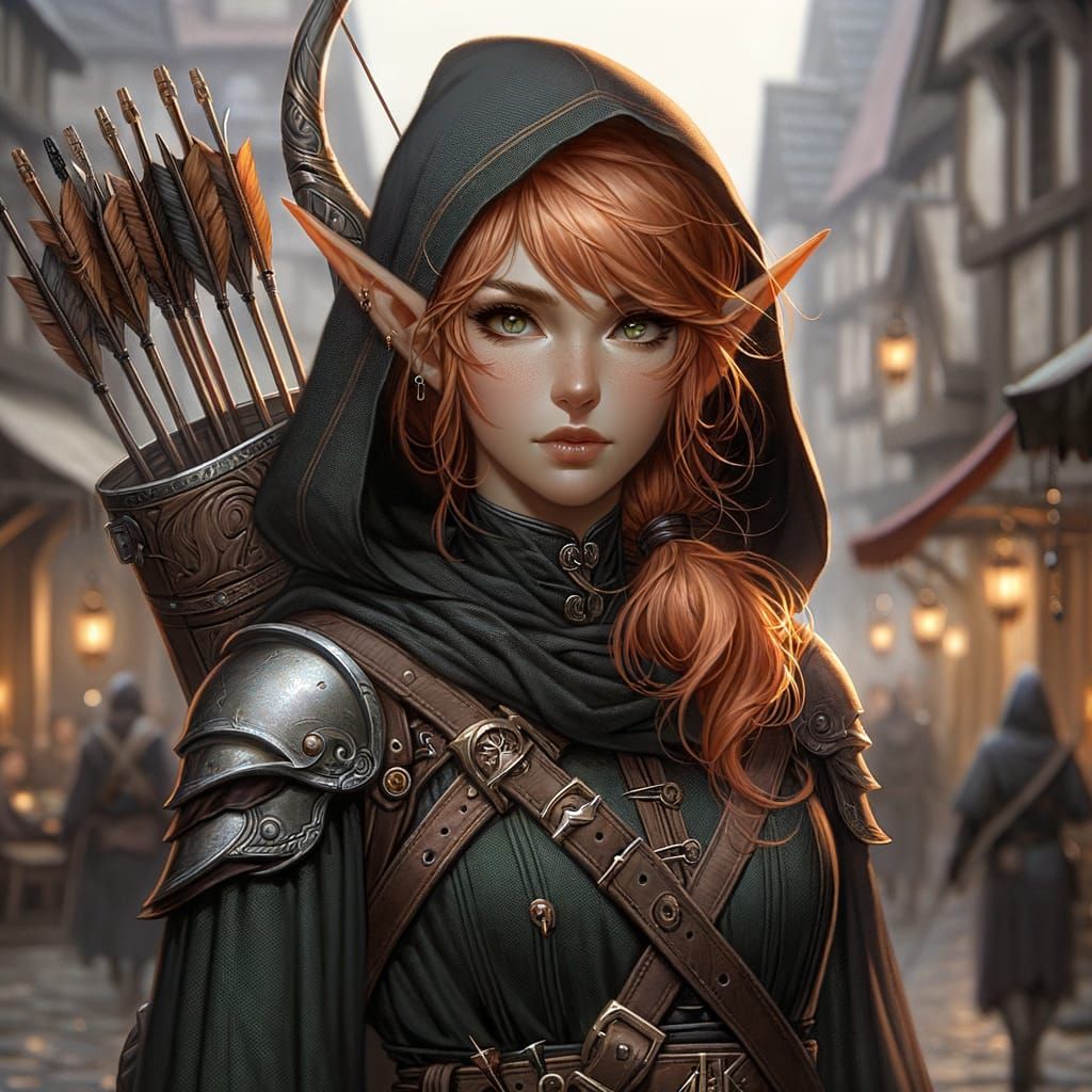 Dark-Eyed High Elf Rogue with Copper Hair and Pointed Ear