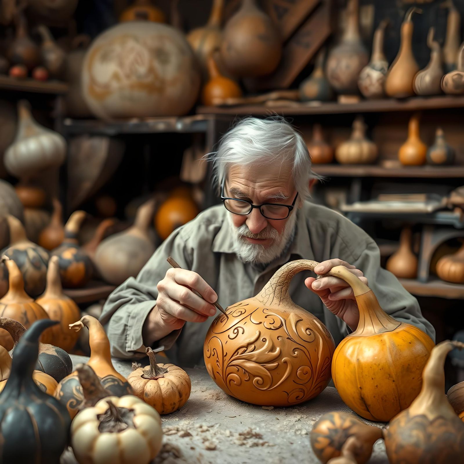 Old Man Carving a Masterpiece from Gourds