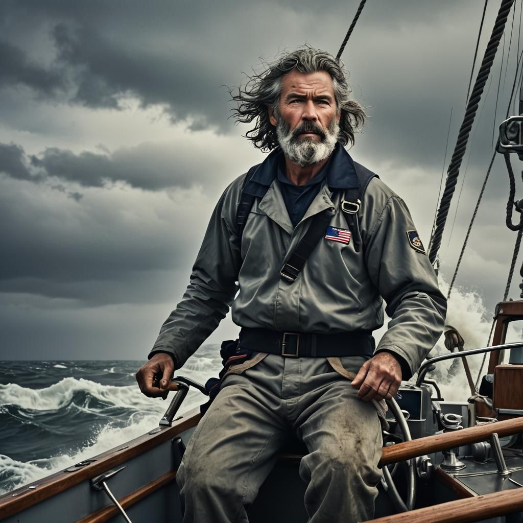 North Pacific Sailor on Rough Seas: Cinematic Film Still