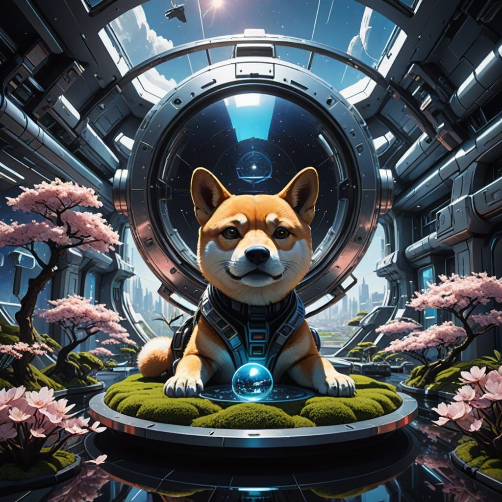 Shiba Inu Astronaut Tends Futuristic Bonsai Garden in Crysta...