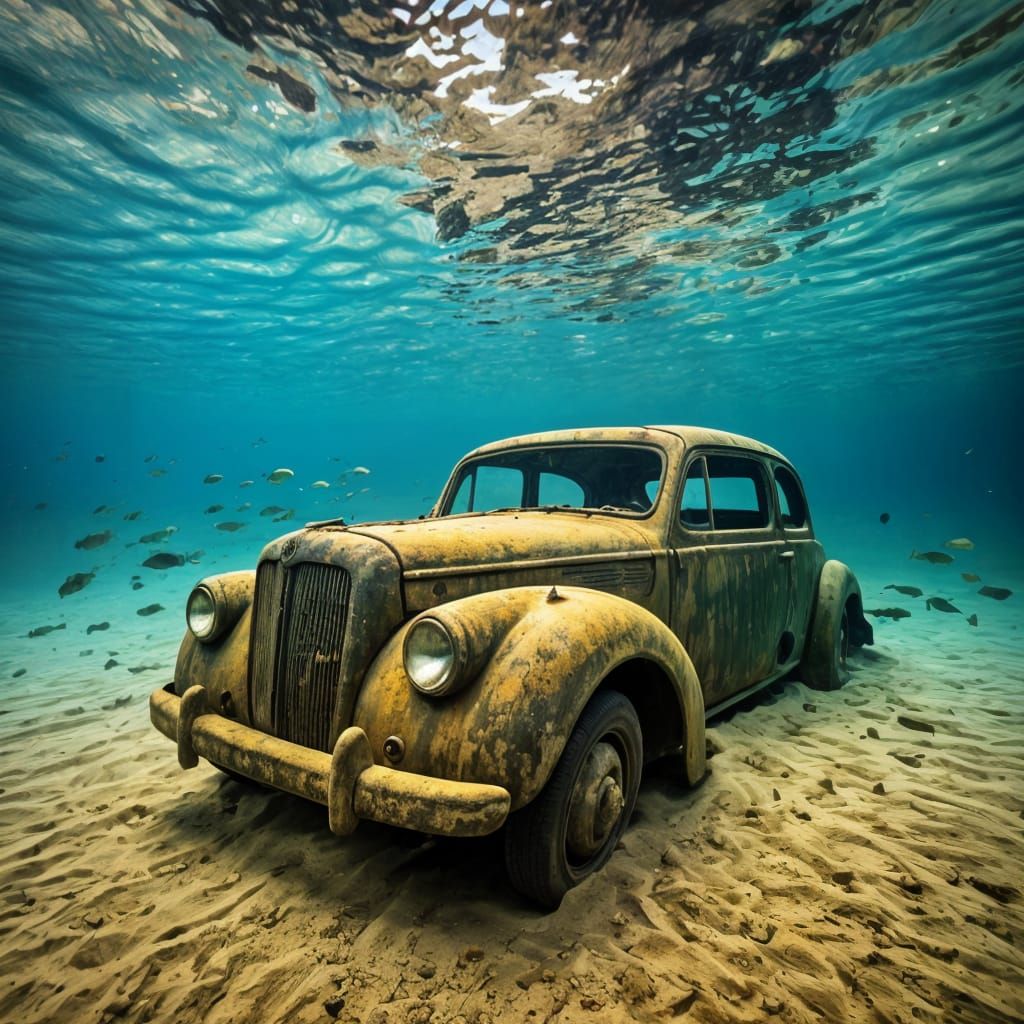 Ancient Car Wreck in Crystal Clear Lake Water
