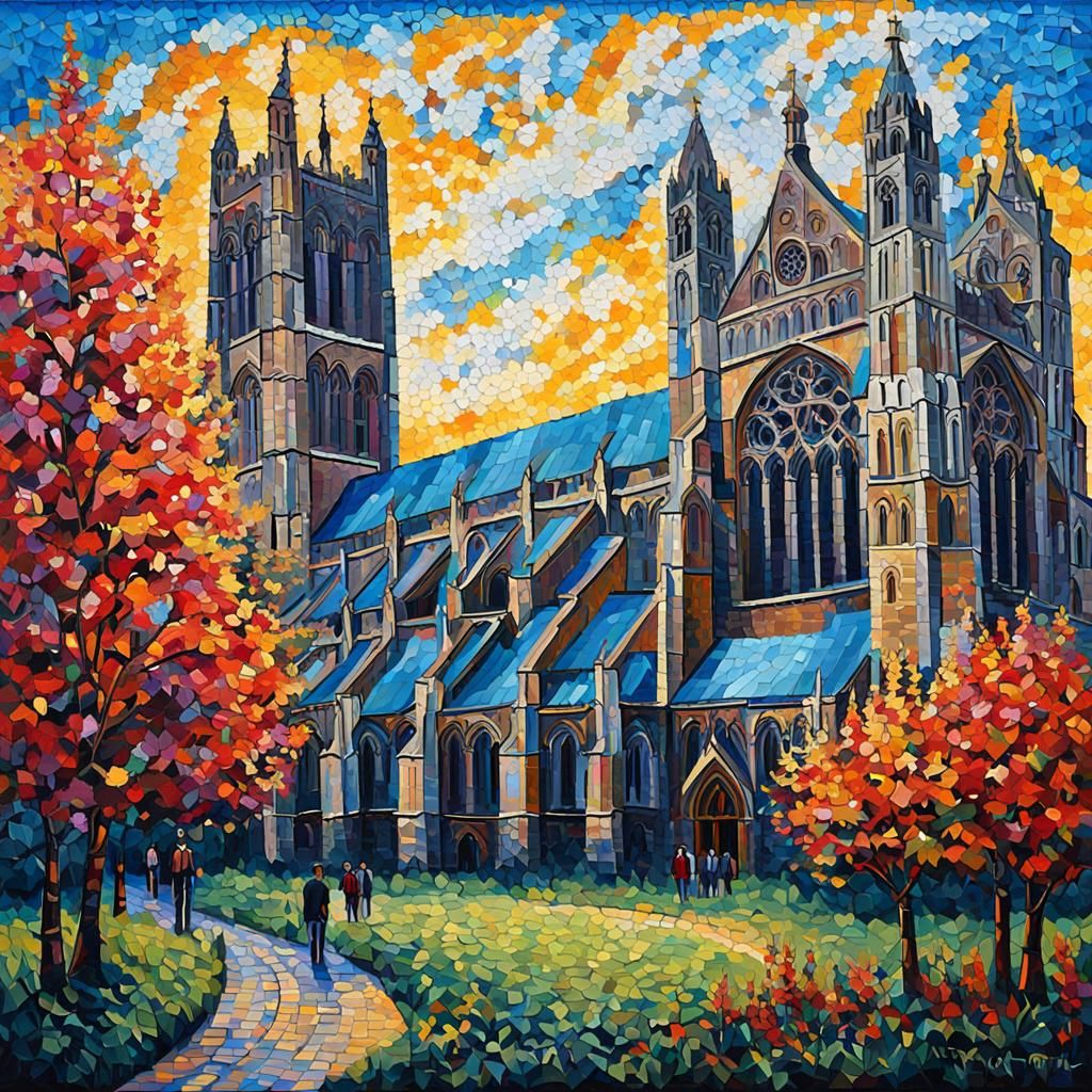Gothic Cathedral in Mosaic Foliage: Impasto Painting