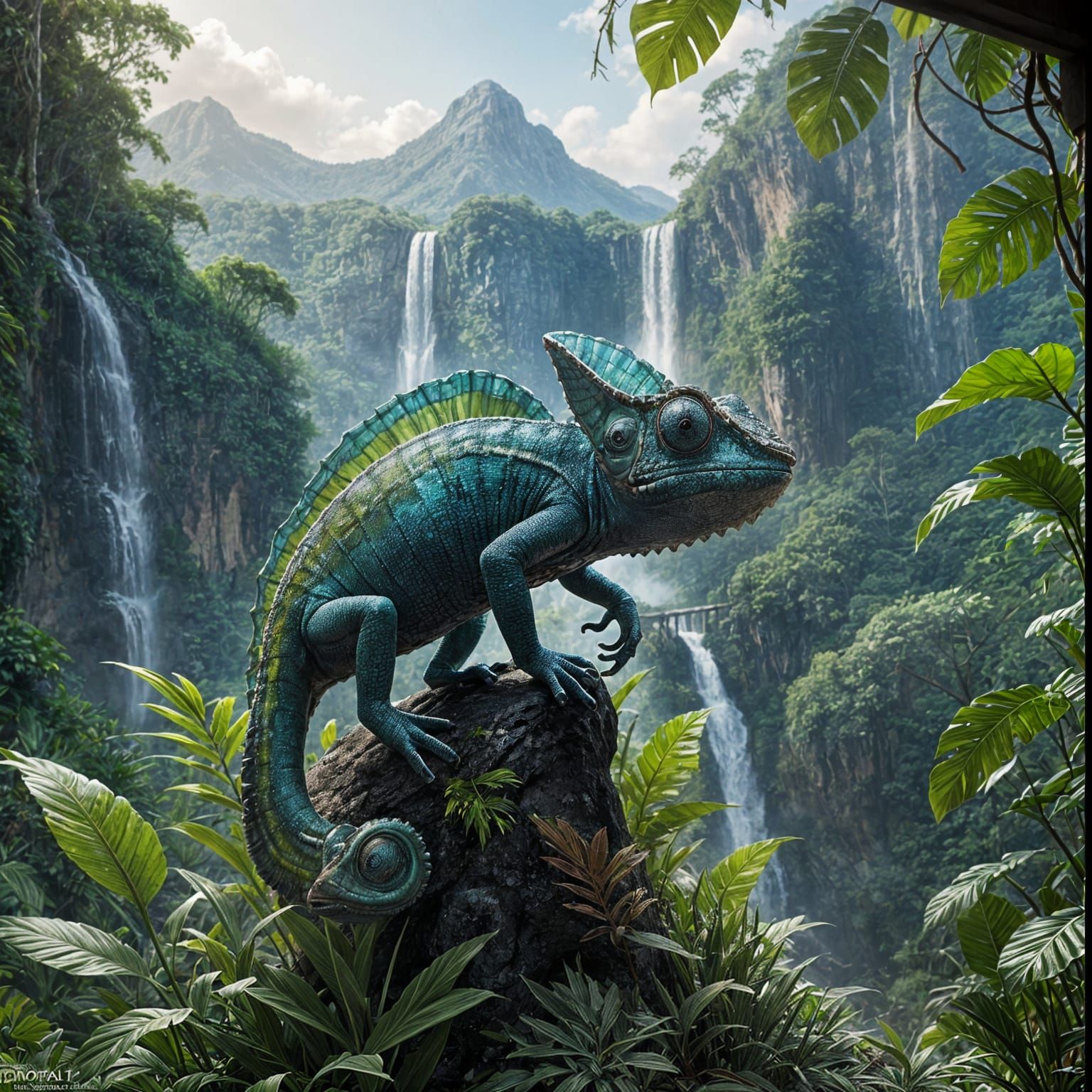 Chameleon in Jungle Paradise with Majestic Waterfall