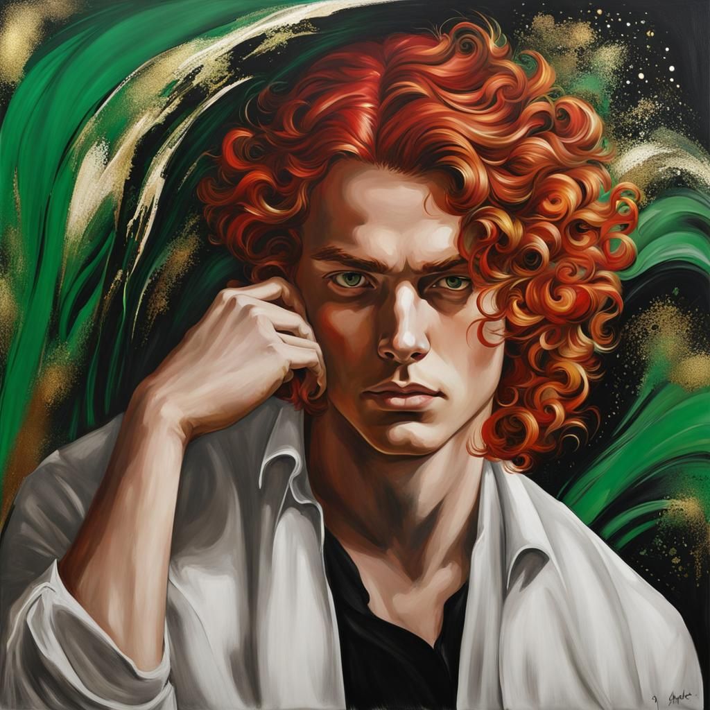Portrait of a Red-Headed Man with Pour Painting Background