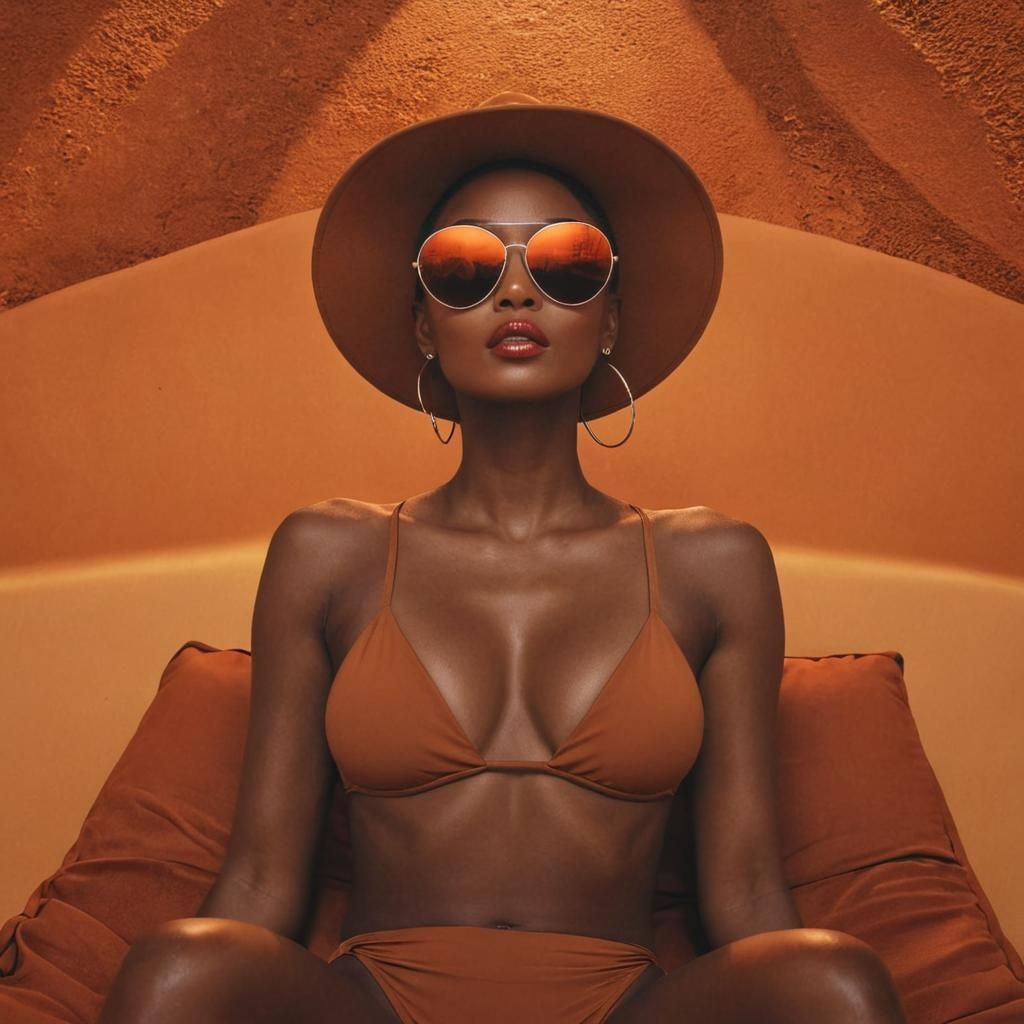 Caramel Skin Supermodel Lounging in Red Bikini