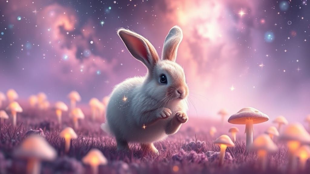 Stardust Bunny in Glowing Mushroom Field, Dreamlike Digital ...