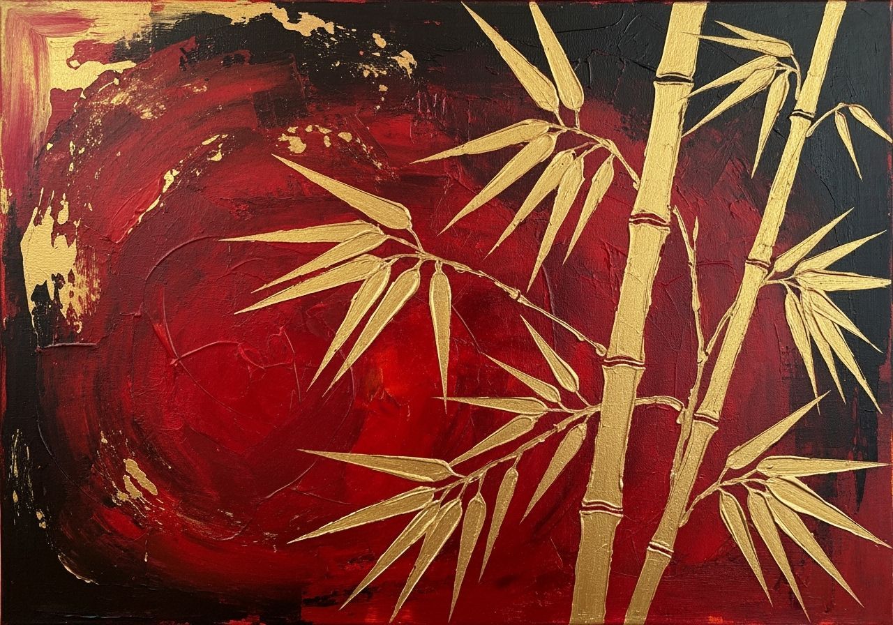 Textured Golden Bamboo on Abstract Red and Gold Background