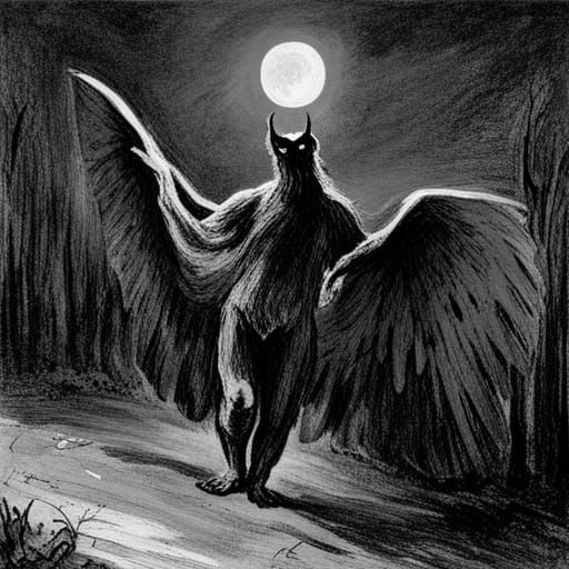 Eerie Mothman Illustration in Gothic Horror Style
