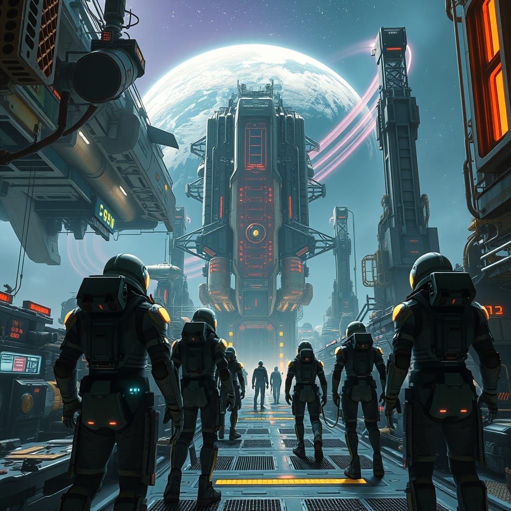 Space Station in Neon-Lit Futuristic Shipyard