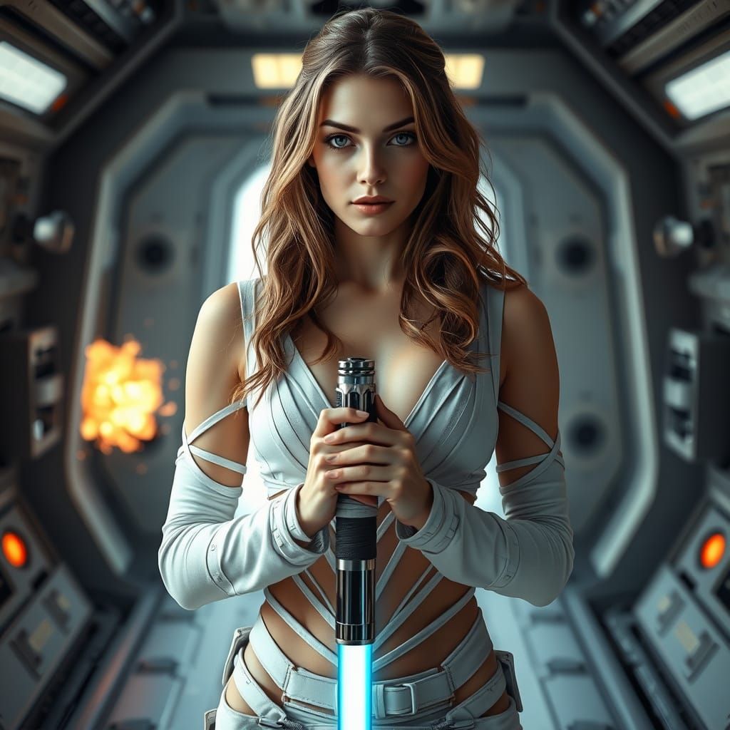 Young Woman Jedi with Lightsaber in Spaceship