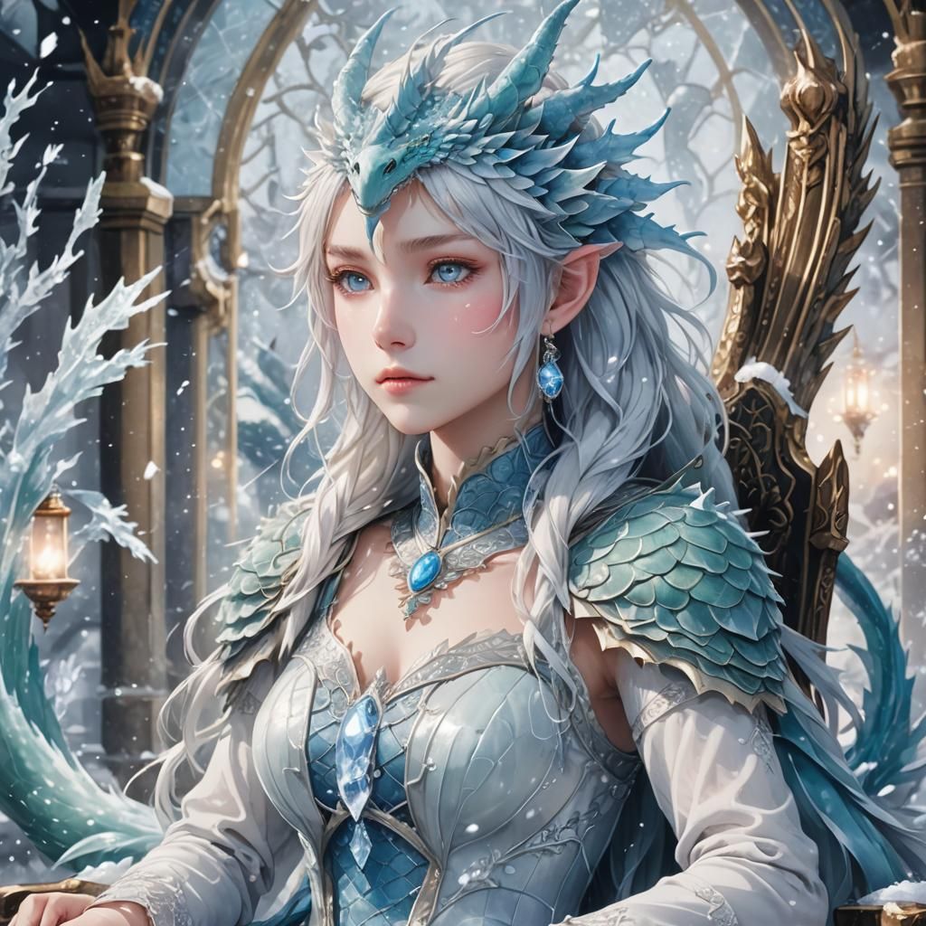 Anime Water Dragon Empress on Icy Throne