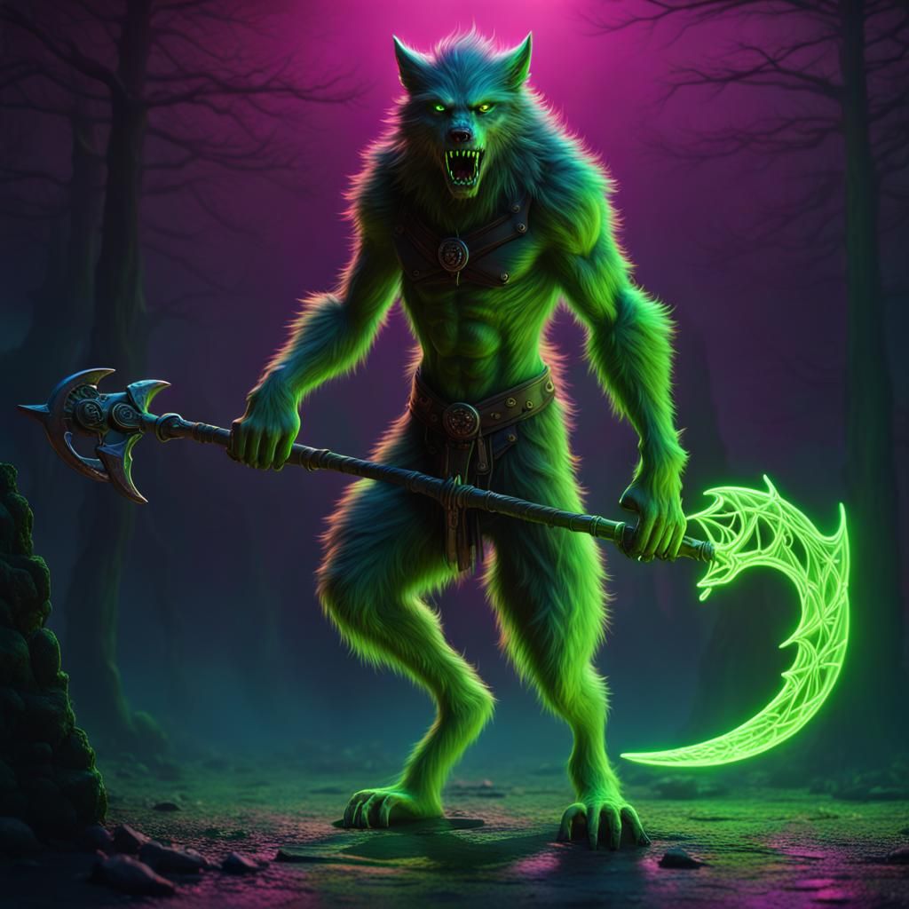 Neon Green Werewolf with Scythe Fantasy Art