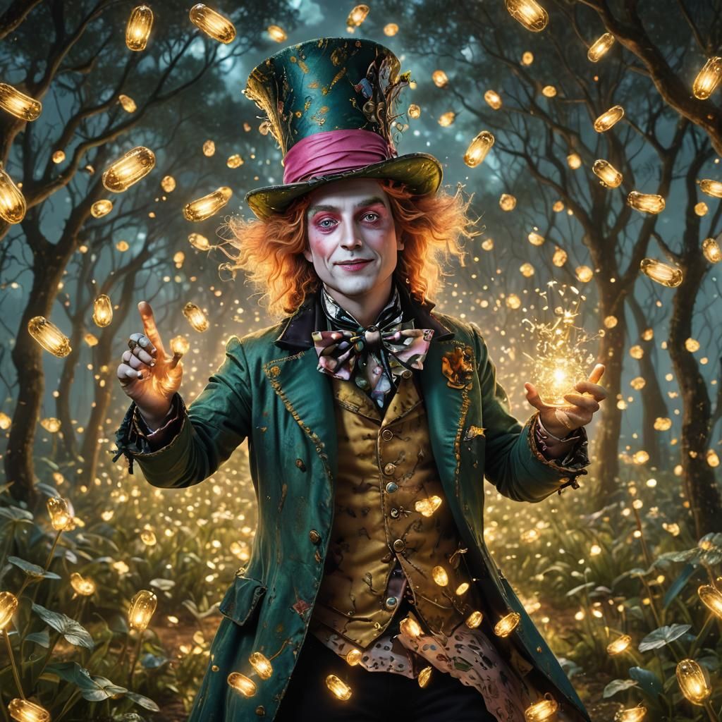 Mad Hatter in Digital Hyperrealism with Fireflies