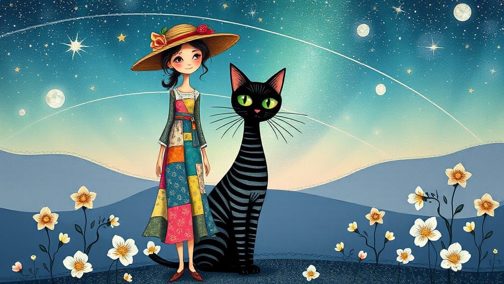 Whimsical Pointillist Girl and Cat Under Starry Night