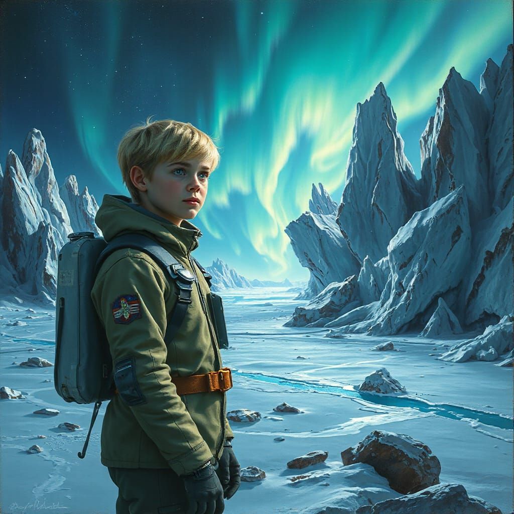 Astronaut Watches Aurora on Alien Planet as Oil Painting