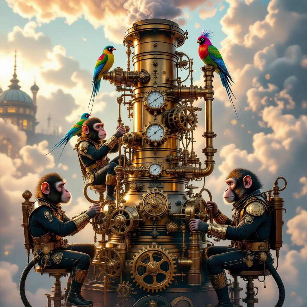 Steampunk Monkeys Operating Brass Engine with Jewel Birds