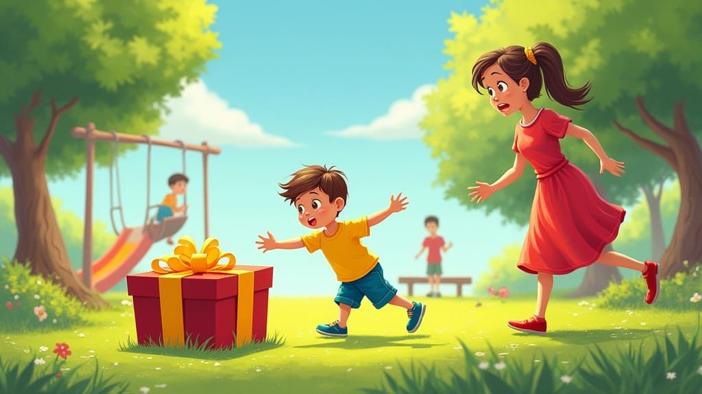 Boy Reaches for Mysterious Gift in Sunny Park