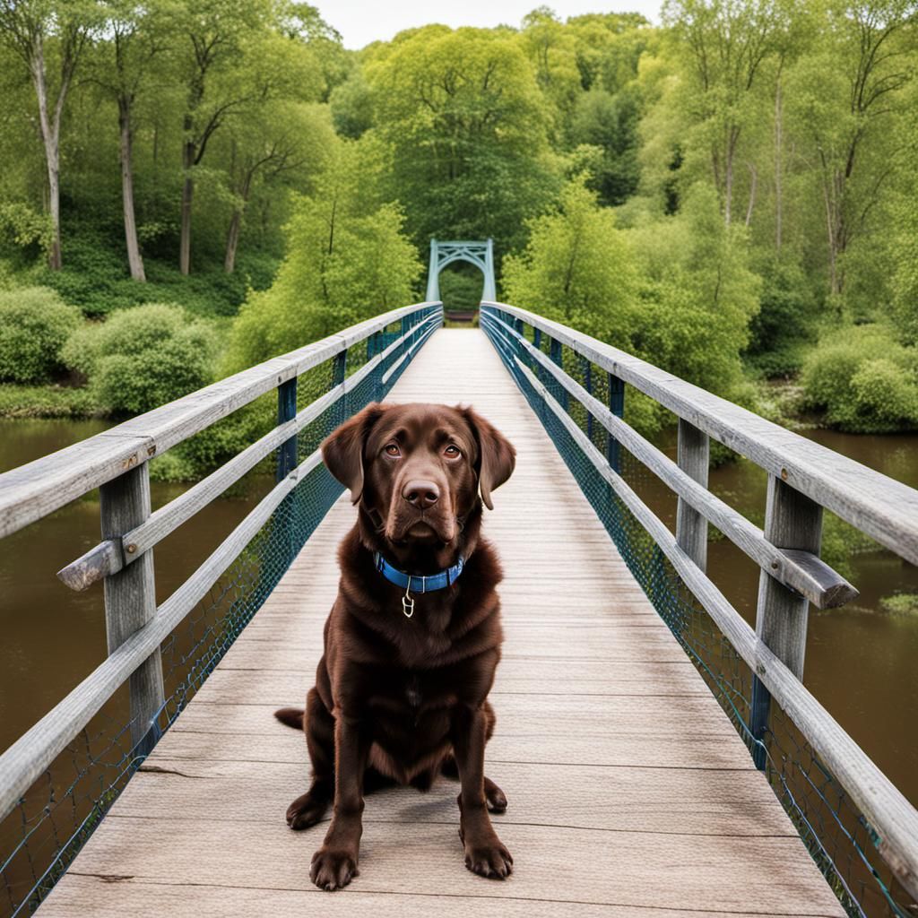 a beautiful bridge that leads to an open area with trees on either side, peaceful, a cute chocolate lab sitting on the b...