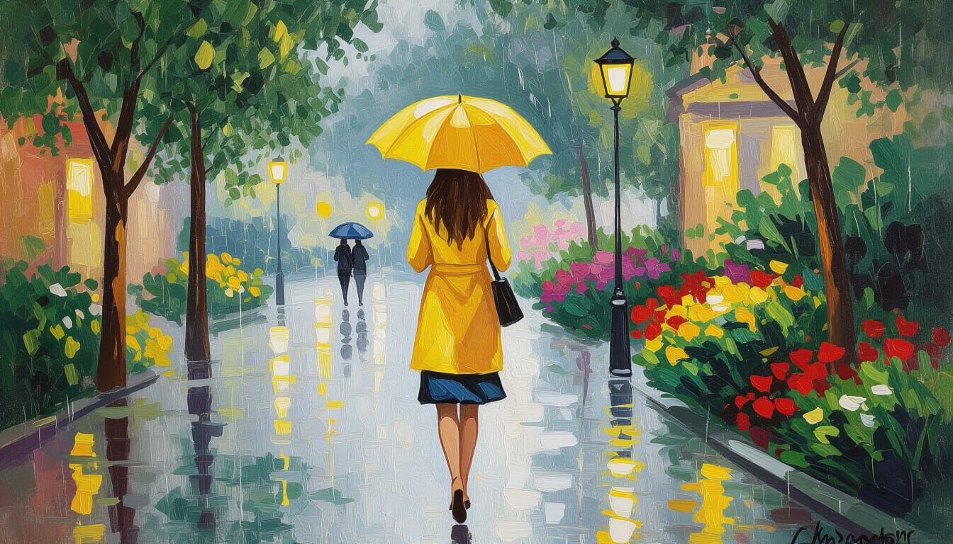 Impressionistic Woman in Summer Rain