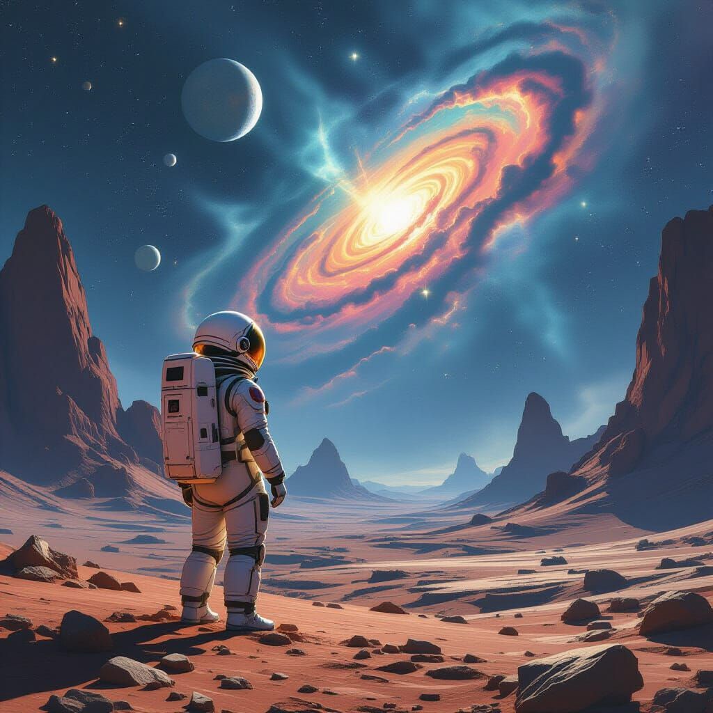 Astronaut Girl Gazing at Nebula on Alien Planet