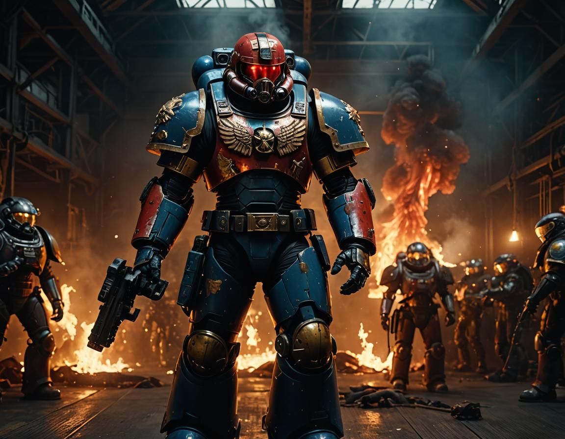 Space Marine in Dimly Lit Hangar: Digital Art