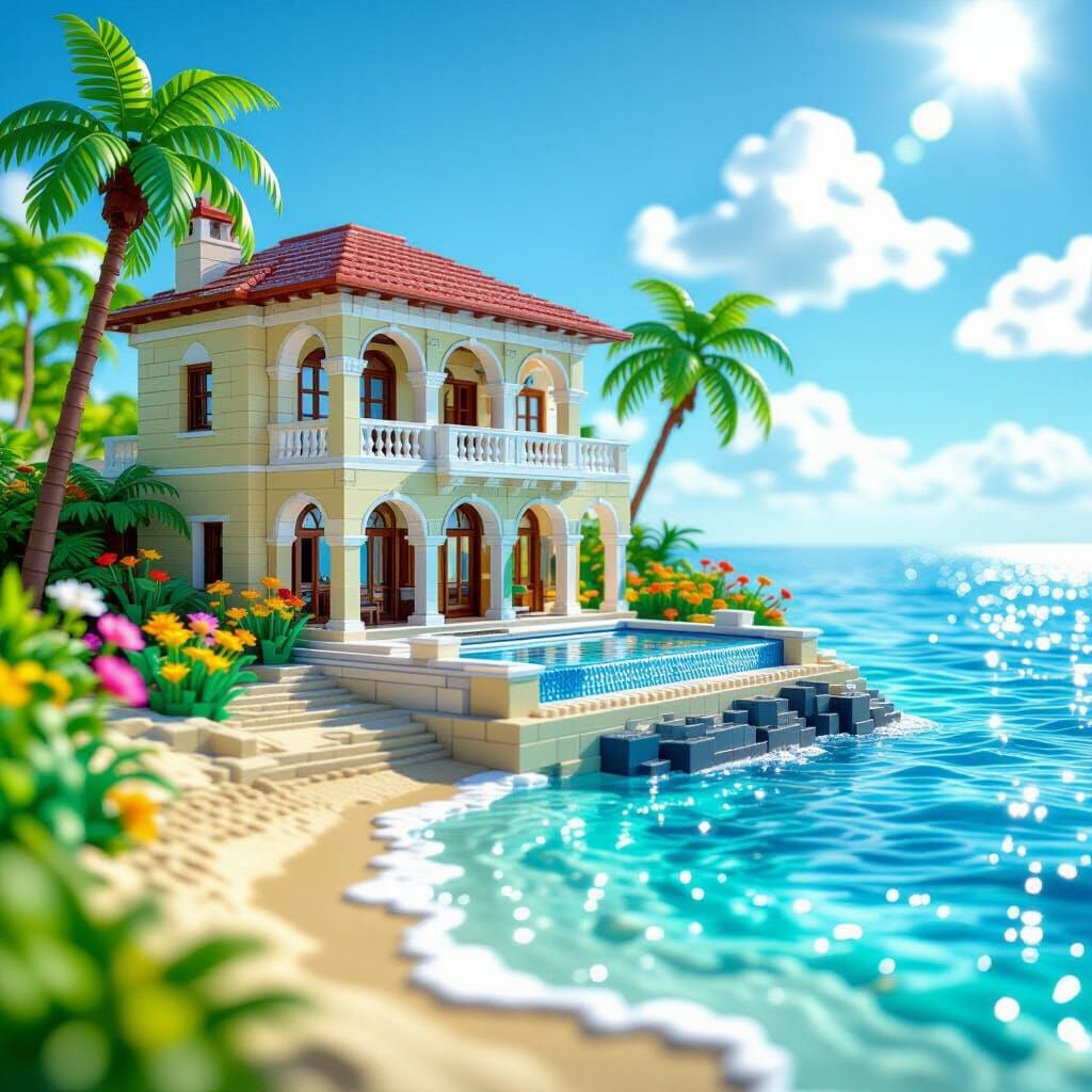 Intricate LEGO Villa on Sandy Shore in Hyperrealistic Style