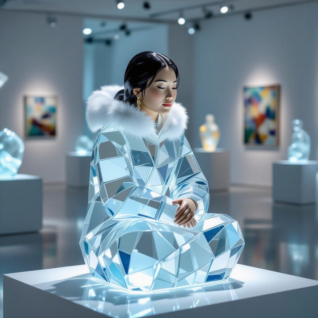 Frosted Glass Sculpture of Eskimo Woman in Impressionist Sty...