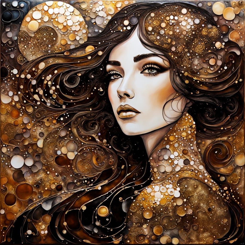 Surreal Art Nouveau Woman Face Collage in Gold and Brown