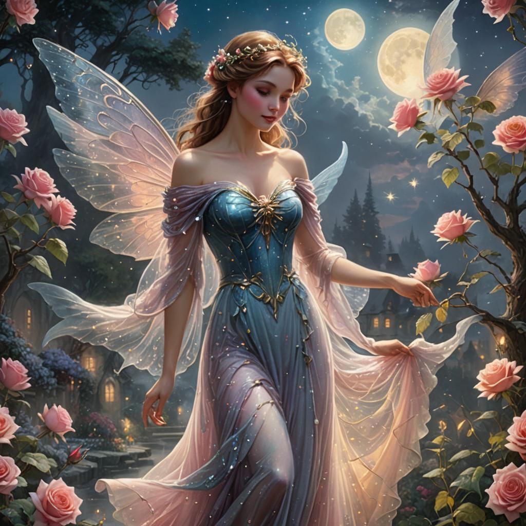 Rose Fairy in Moonlight: Ethereal Fantasy Art