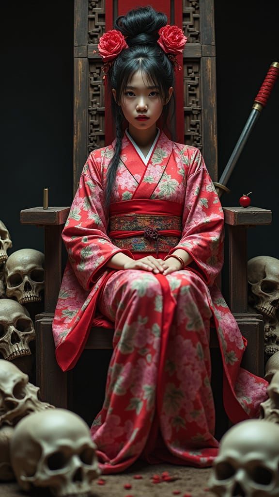 Asian Woman on Skull Throne in Japanese Folklore Style