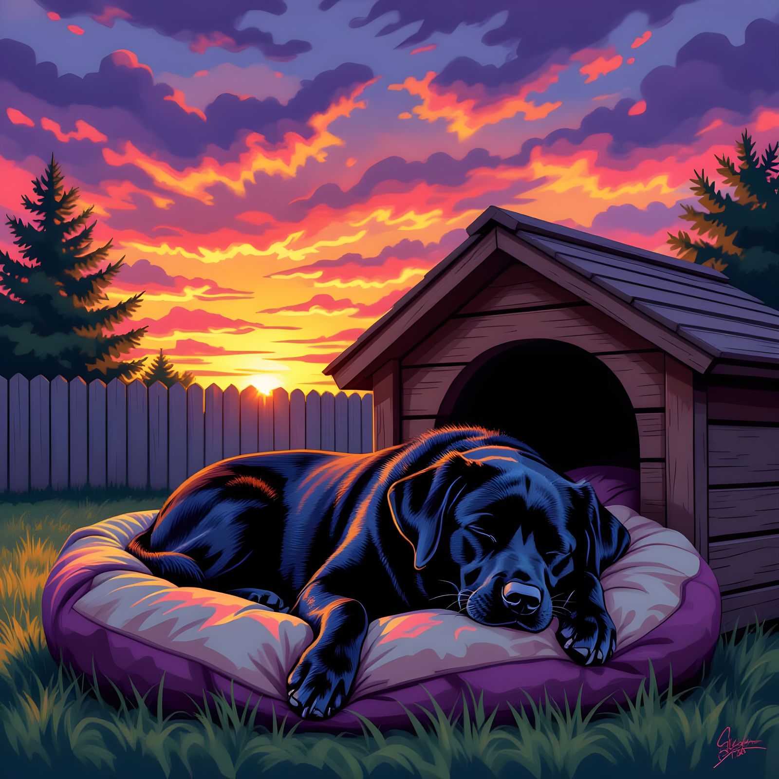 Black Lab Dog Rests in Sunset Backyard